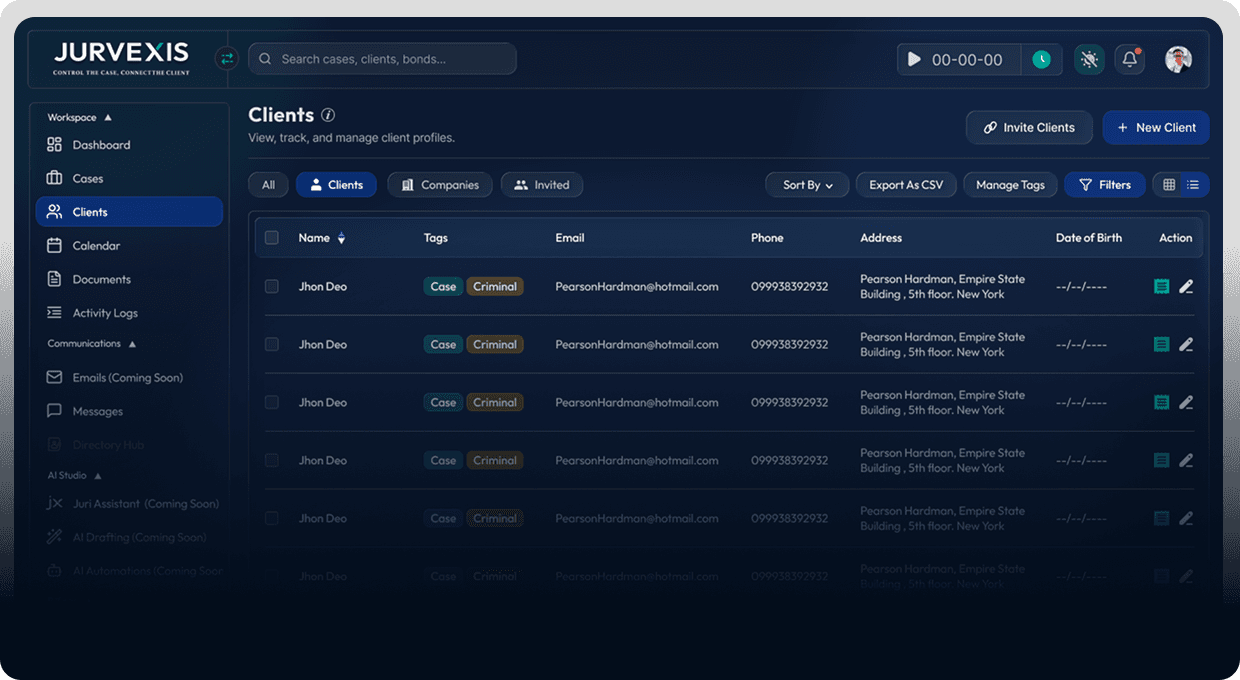 Jurvexis Legal Practice Management Dashboard Preview